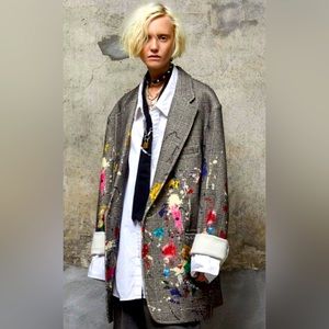 NEW R13 Paint Splatter Oversize Virgin Wool Blazer in Pow W/Paint Splatter